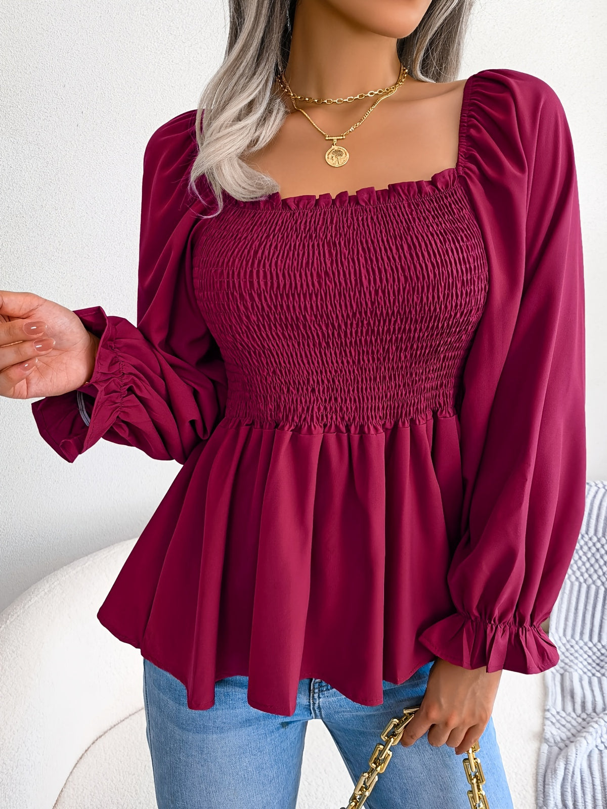 2023 Spring/Summer European and American Casual Solid Color Square Neck Flared Sleeve Ruffle Hem Chiffon Blouse - Burgundy