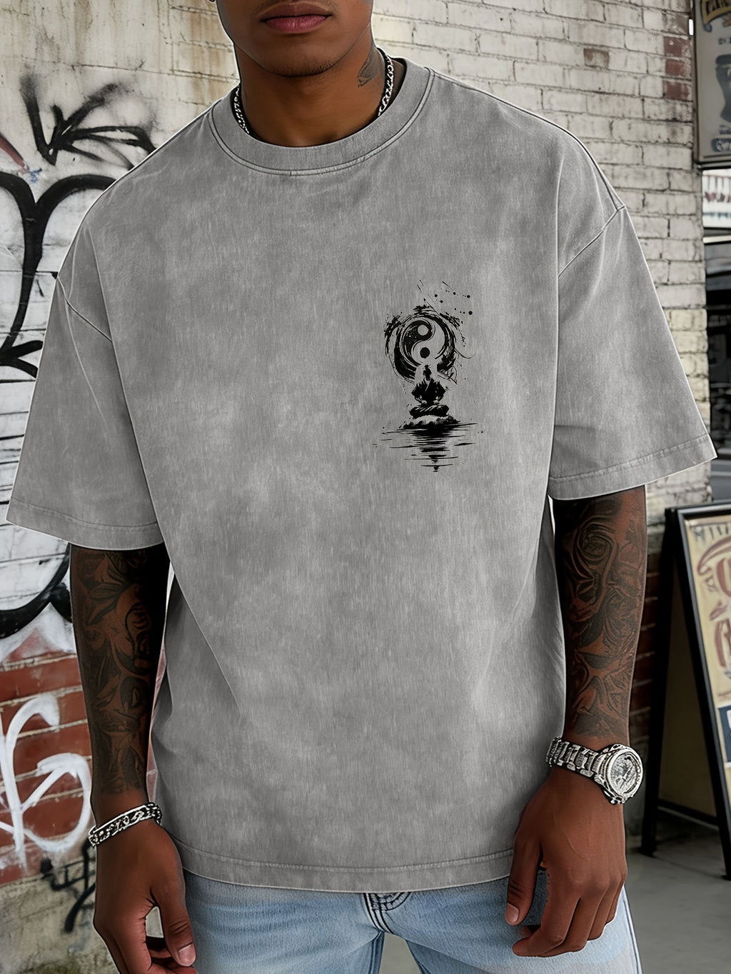 Washed and Distressed Pure Cotton Short-sleeve T-shirt with Trendy Double-sided Print Featuring Tai Chi, Zen, and Meditating Ink Wash Art. Available in 12 Colors for Mix-and-match Styling. Loose-fit Men's Top in High Street Y2K Style - Grey