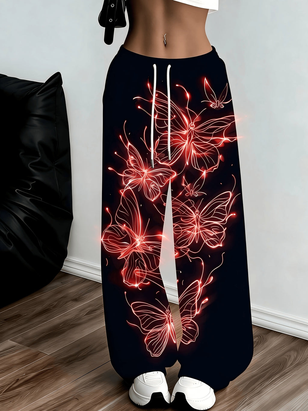 Women's Neon Butterfly Glow-in-the-dark Pattern Jogging Pants with Pockets, Elastic Waistband, and Straight-leg Design - Deep Grey