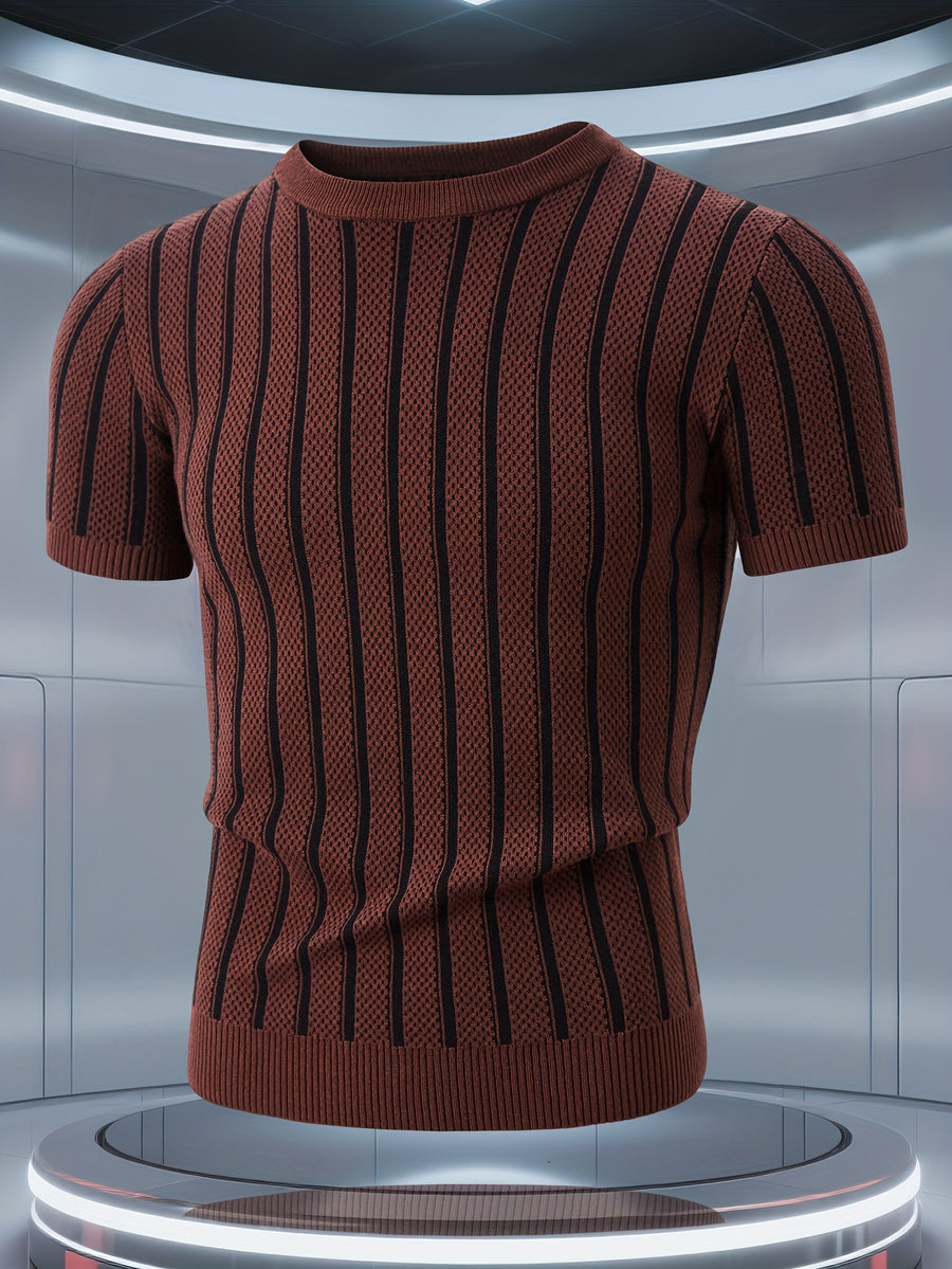 Men'S Knitted Short-Sleeved Sweater, Half-Sleeve Knit Shirt, Round Neck Sweater, Suitable for Autumn/Winter And Spring, Can Be Worn Alone Or As a Base Layer, Soft Fabric, Can Be Worn Close to The Body, Heavy-Duty Knitted Jacquard Pattern - Coffee Color