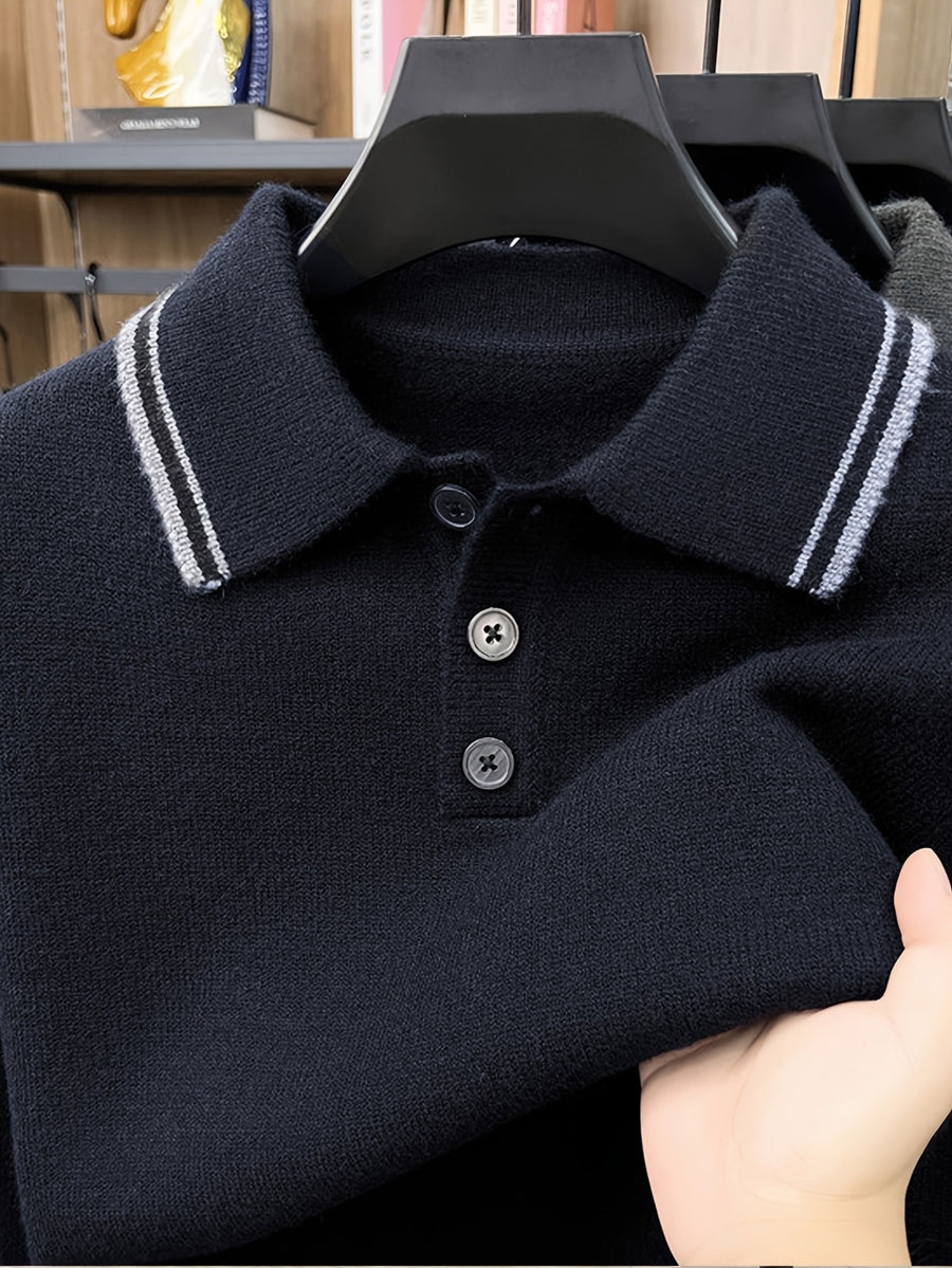 Men'S Lapel Long Sleeve Knit Sweater, Ribbed Cuffs And Hem, Versatile for Casual And Business Wear - Black