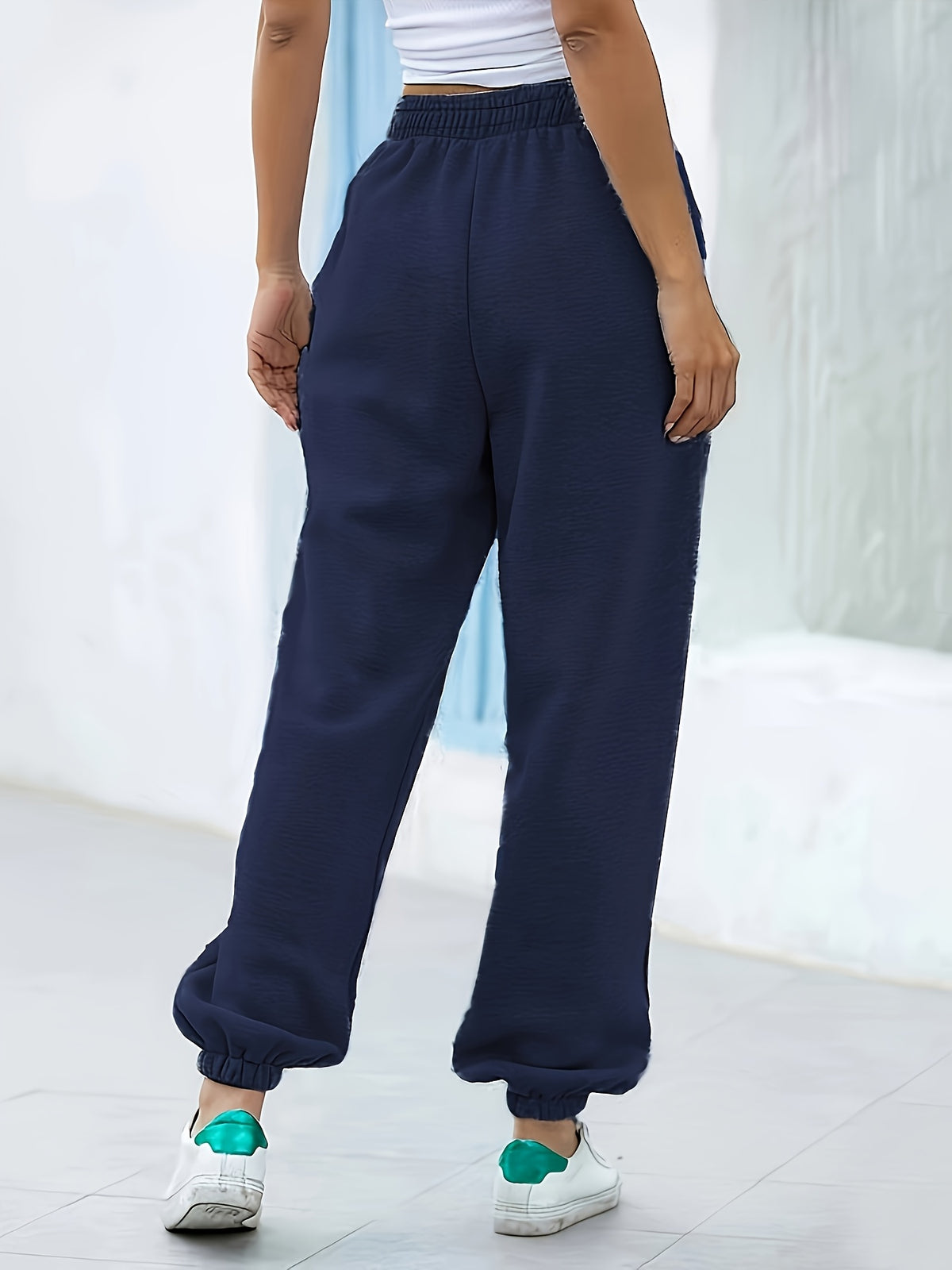 High-Waist Ankle-Cinching Sweatpants, Mountain Peak Print, Vertical Stripes on Both Sides of Legs, Elastic Cuffs Suitable for And Commuting - Navy Color