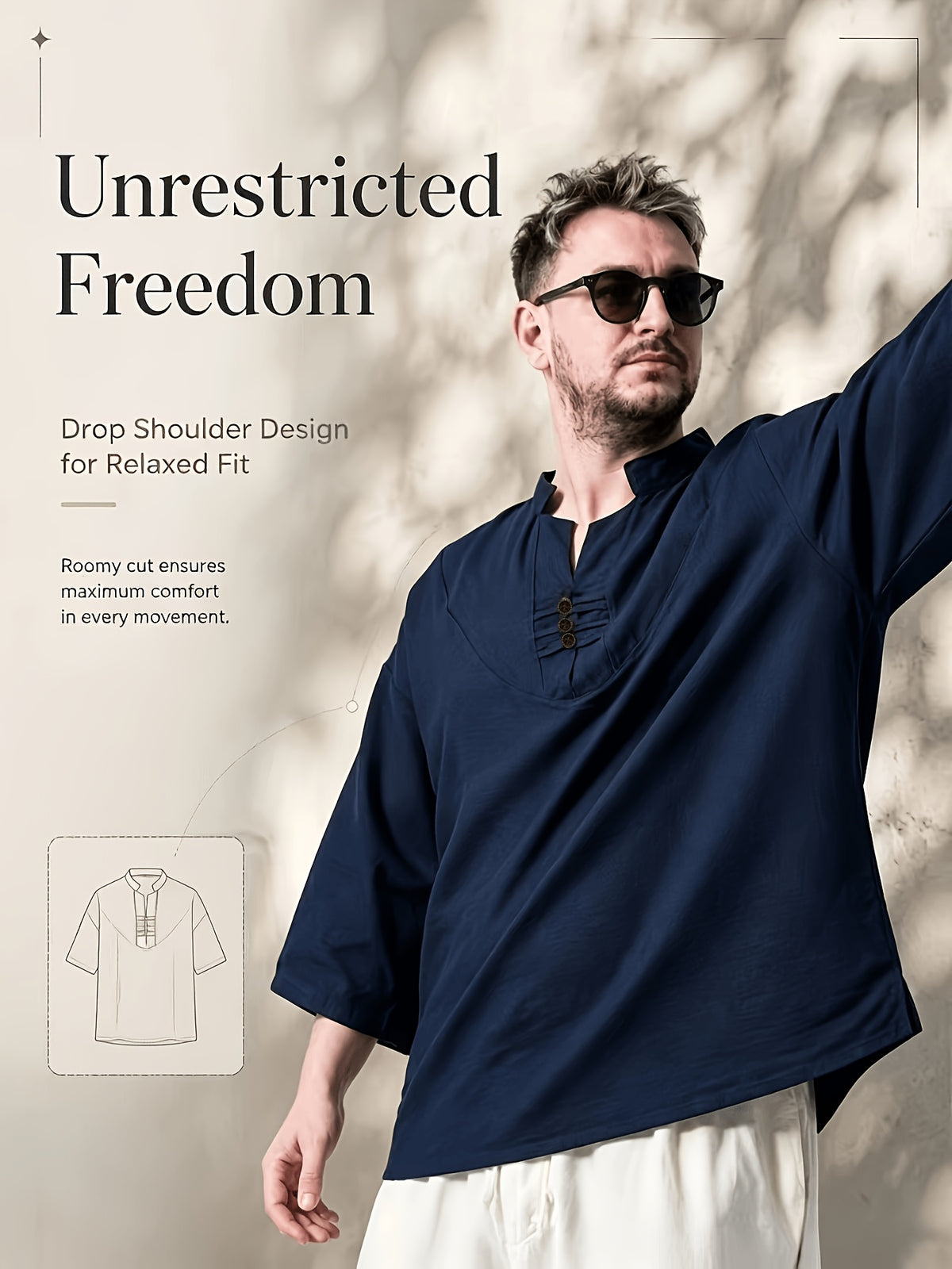 2pcs/Men'S Casual Shirts, New Linen V-Neck Casual Pullover Shirts for Daily Casual Wear, Solid Color 3/4 Sleeve Design, Suitable for Spring, Summer, And Autumn, Quick-Dry Non-Stretch Fabric, Loose Fit, Perfect Gift! - Navy Color