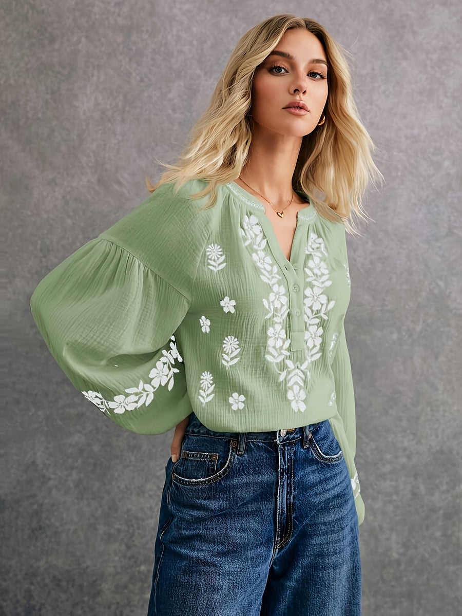 French-style Embroidered Ethnic-inspired Double-layer Breathable Fabric Long-sleeve Shirt, Offering Ease, Comfort, and Breathability, Perfect for Daily Wear, Commuting, and Vacations - Matcha Color