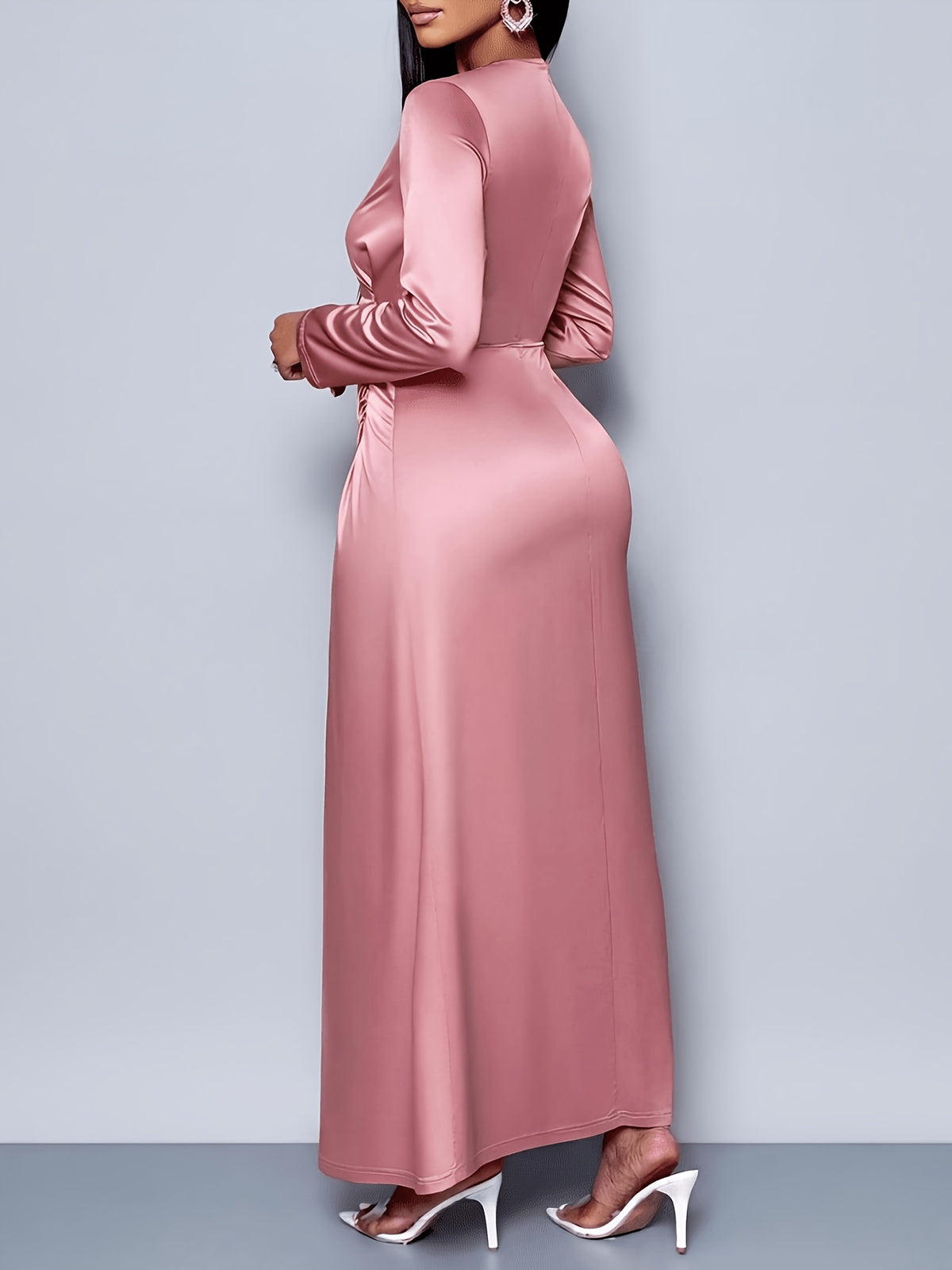 Women'S Elegant Solid Color Ruched Side Satin Bodycon Dress Suitable for Dating Party Maxi Women Outfit - Pink