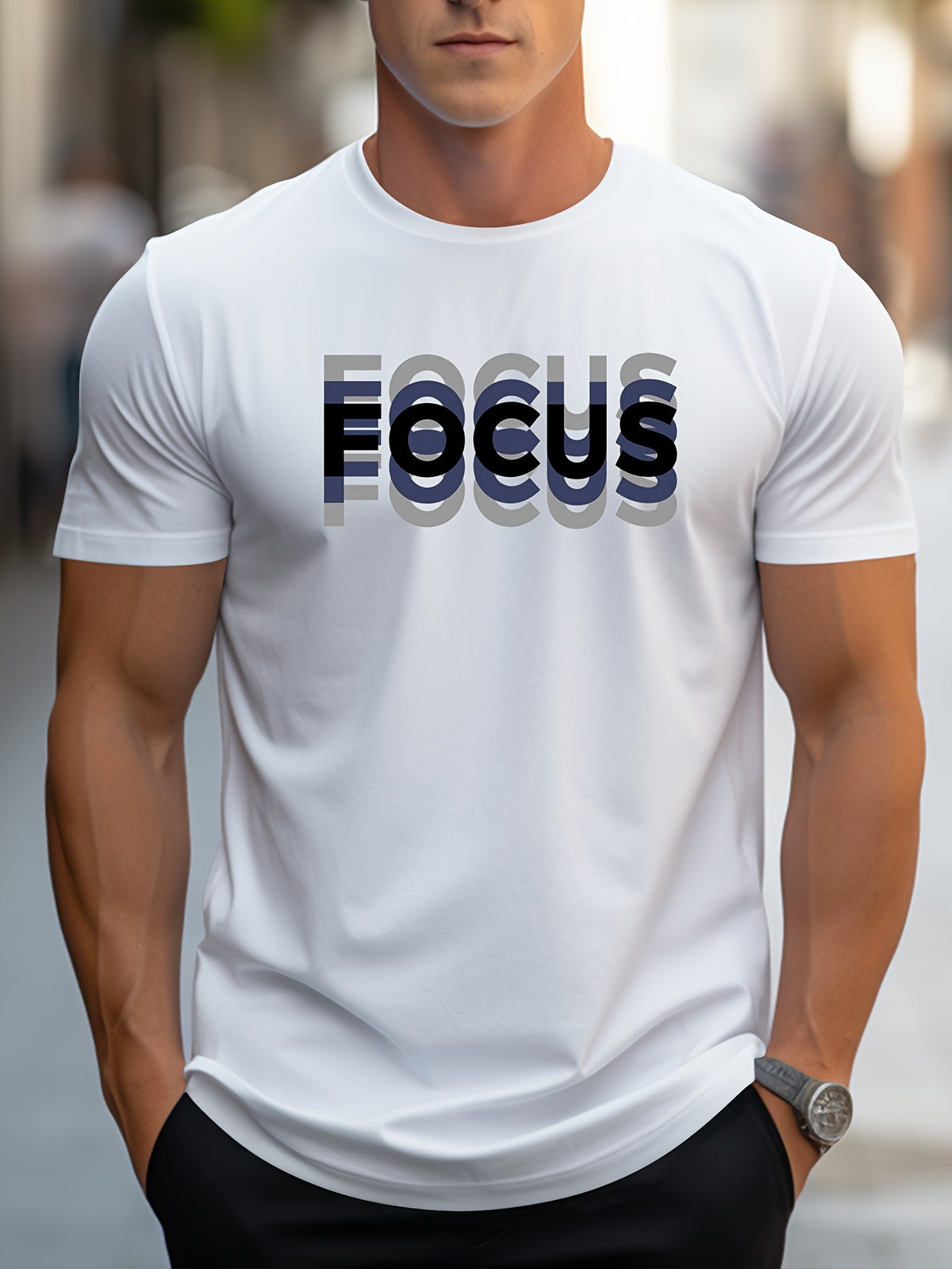 Unisex Trendy Letter Print Crew Neck T-Shirt, A Must-Have for Style Enthusiasts! Gradient FOCUS Design, Ultra Stylish & Streetwear-Inspired! Minimalist yet Versatile! - White