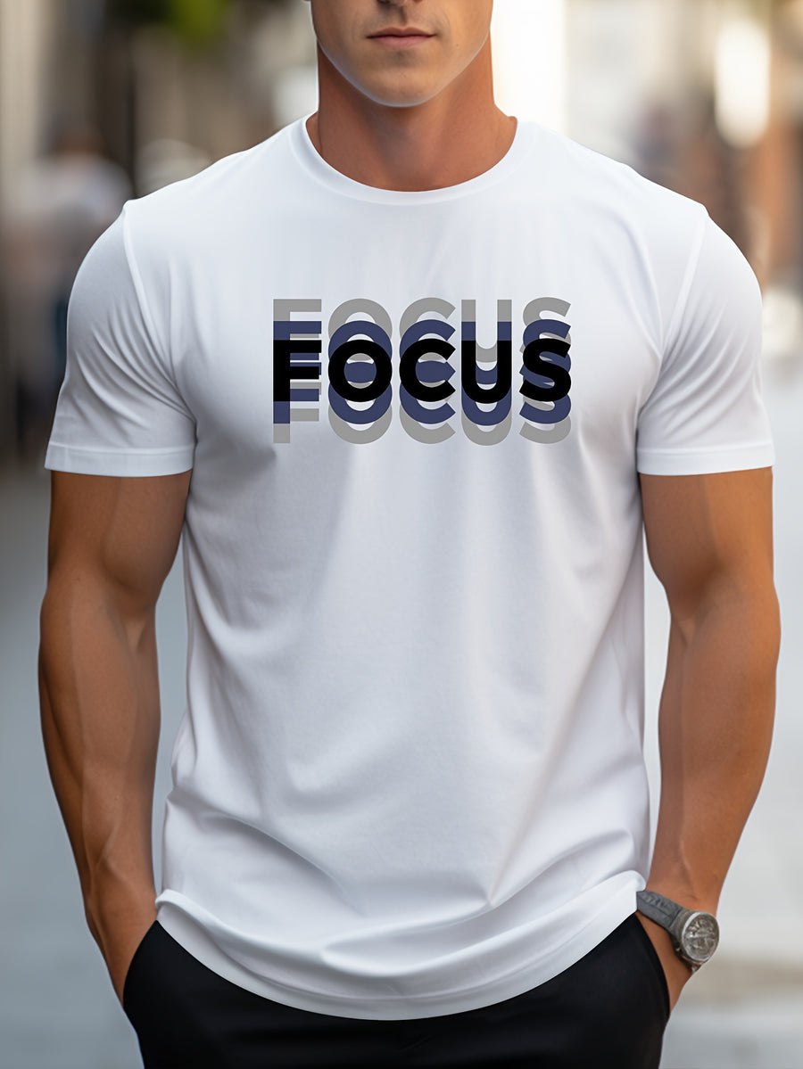 Unisex Trendy Letter Print Crew Neck T-Shirt, A Must-Have for Style Enthusiasts! Gradient FOCUS Design, Ultra Stylish & Streetwear-Inspired! Minimalist yet Versatile! - White