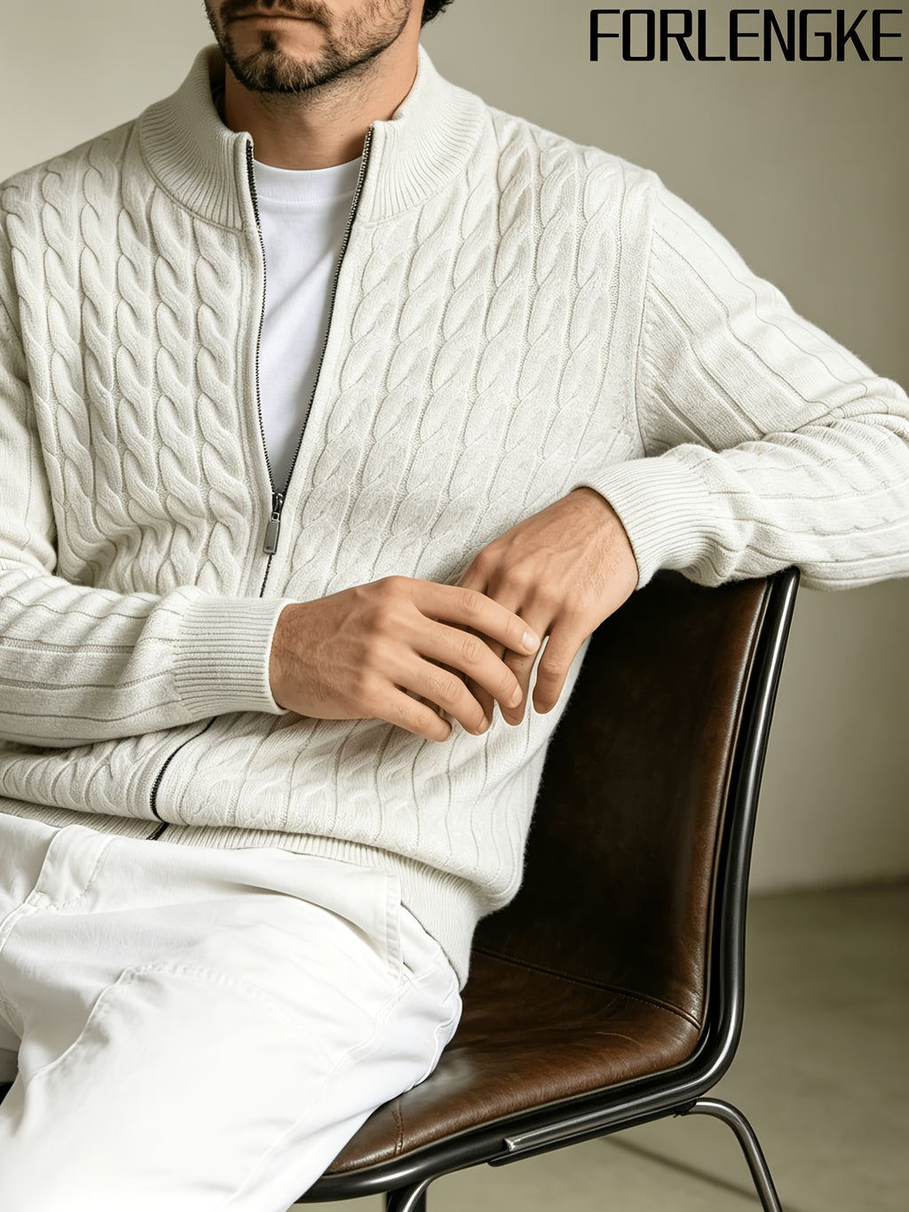 FORLENGKE Men'S Solid Color Stand Collar Cable Knit Zip Cardigan, Autumn And Winter Vintage Braided Texture Sweater, Casual Regular Fit, Suitable for Commuting And Traveling, Versatile Men'S Knit Jacket Available in Multiple Colors - White