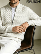 FORLENGKE Men'S Solid Color Stand Collar Cable Knit Zip Cardigan, Autumn And Winter Vintage Braided Texture Sweater, Casual Regular Fit, Suitable for Commuting And Traveling, Versatile Men'S Knit Jacket Available in Multiple Colors - White