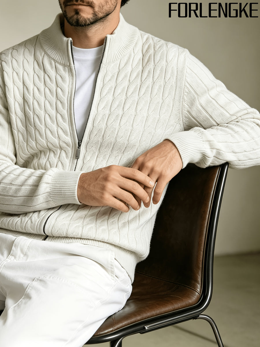FORLENGKE Men'S Solid Color Stand Collar Cable Knit Zip Cardigan, Autumn And Winter Vintage Braided Texture Sweater, Casual Regular Fit, Suitable for Commuting And Traveling, Versatile Men'S Knit Jacket Available in Multiple Colors - White