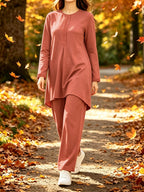 Ramadan Elegant Ladies Set Abaya Dress And Pants Solid Color Round Neck Embroidered Chest And Sleeve Applique Top Elastic Waist Long Pants Commute Casual Two-Piece Set - Peach