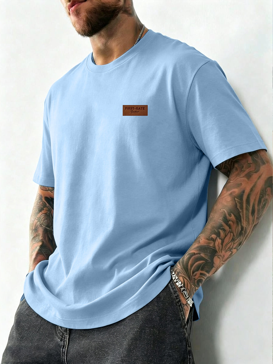 Summer New Men'S Regular Fit Short Sleeve T-Shirt with Chest Brown Small Label Text Print Easy Comfortable Casual Outing Commute All-Match Round Neck Top - Light Blue