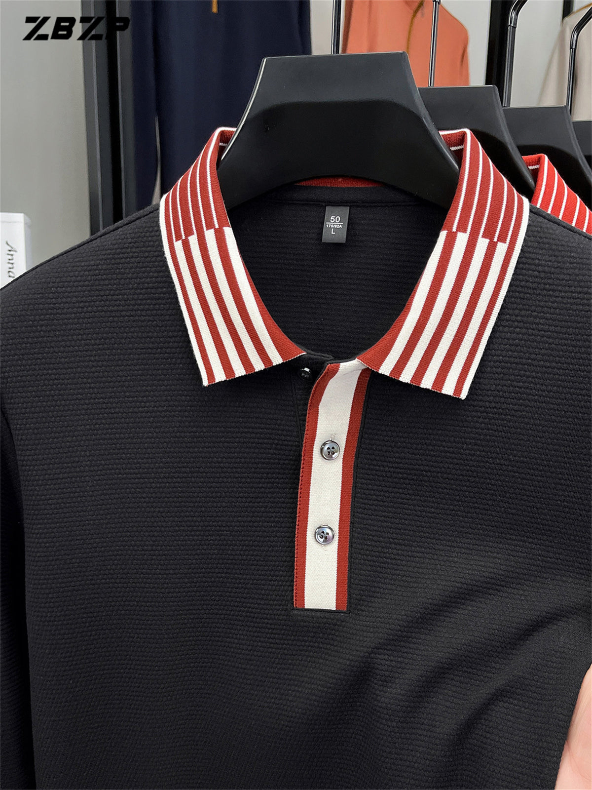 ZBZP New Spring, Autumn, Winter Men's Long Sleeve Polo Shirt, Lapel Pullover, Simple Business Casual High-End Breathable Long Sleeve T-Shirt, Men's Apparel DR - Black