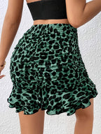 Women'S Half-Body Bodycon Short Skirt, Sexy Leopard Print Pattern, Stretchy Fabric Suitable for Various Body Types, Ruched Detail Design, Irregular Ruffled Hem, Casual Commute And Date Wear
