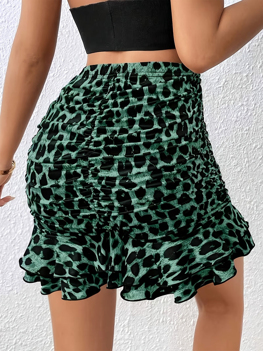 Women'S Half-Body Bodycon Short Skirt, Sexy Leopard Print Pattern, Stretchy Fabric Suitable for Various Body Types, Ruched Detail Design, Irregular Ruffled Hem, Casual Commute And Date Wear