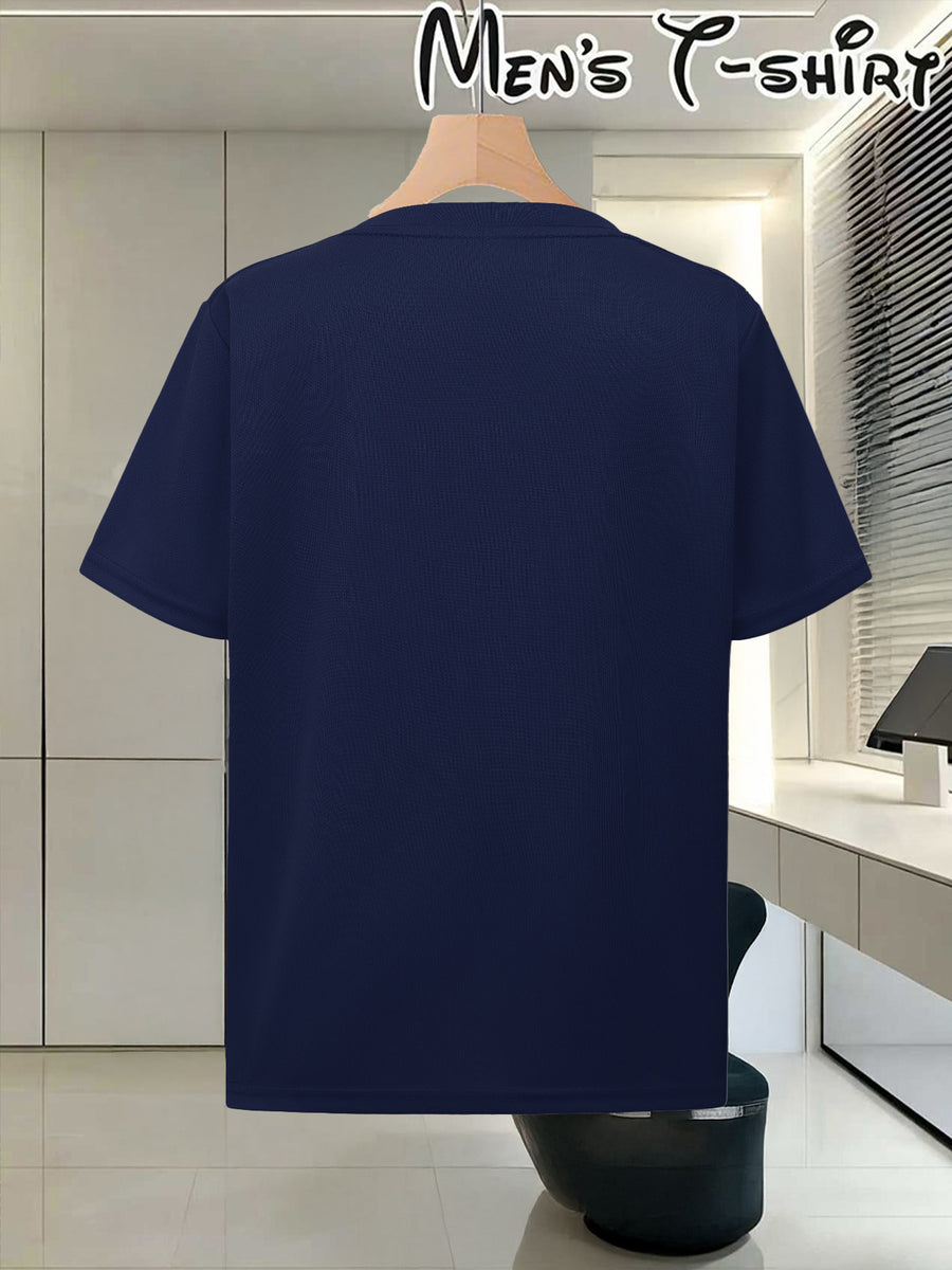 Men's Chinese Style T-Shirt with Jian Sword & Traditional Text Print - Crew Neck Short Sleeve Top, Suitable for Summer Streetwear, Casual Daily Wear, Chinese Cultural Apparel for - Navy Color