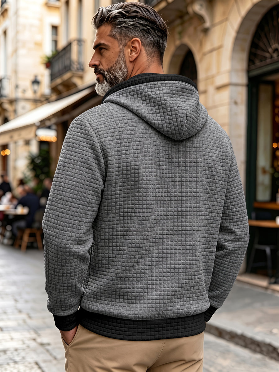 Autumn Winter Men'S Thick Jacquard Long Sleeve Cardigan Hooded Jacket Coat, Fashionable Checkered Jacquard Texture Fabric Comfortable, Suitable for Daily Outings, Outdoor Sports, Travel, And Vacation, Lightweight Comfortable Regular Fit - Grey