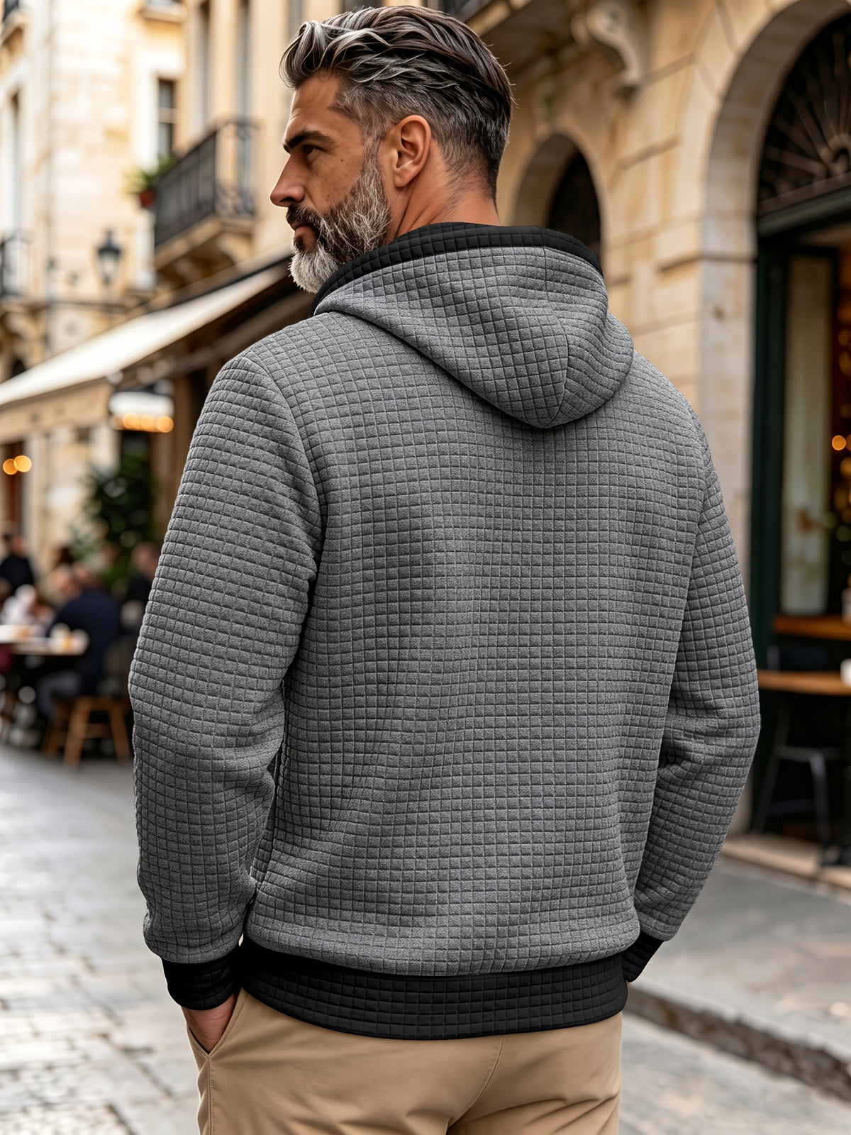 Autumn Winter Men'S Thick Jacquard Long Sleeve Cardigan Hooded Jacket Coat, Fashionable Checkered Jacquard Texture Fabric Comfortable, Suitable for Daily Outings, Outdoor Sports, Travel, And Vacation, Lightweight Comfortable Regular Fit - Grey