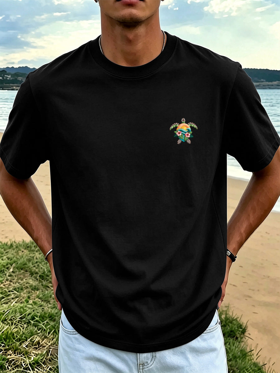 Men'S 100% Round Neck Short Sleeve T-Shirt with Turtle, Floral, And Wave Print, Comfortable, Soft, Breathable, Casual, Fashionable Summer Top - Black