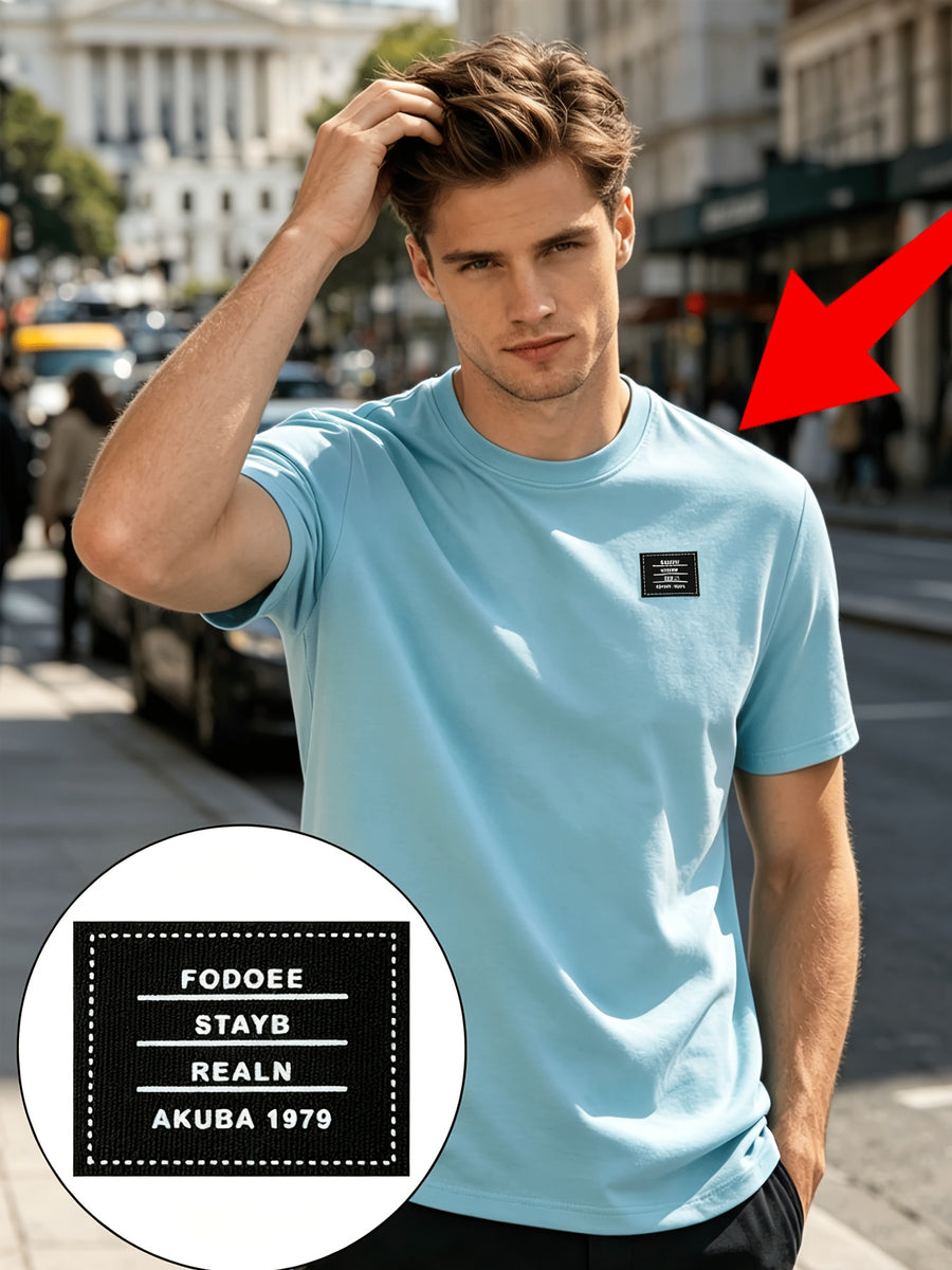 180G Summer Solid Color Pure Men'S Clothing, Multi-Color Optional T-Shirt And Chap Design (1pc) Loose Lazy Skin-Friendly Wrinkle-Free Men'S Basic Top, Short Sleeve Lightweight Breathable - Sky Blue
