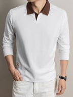 Men's Long-Sleeve T-Shirt, Color-Block Lapel Casual Tee, New Versatile Top for Spring and Autumn - White