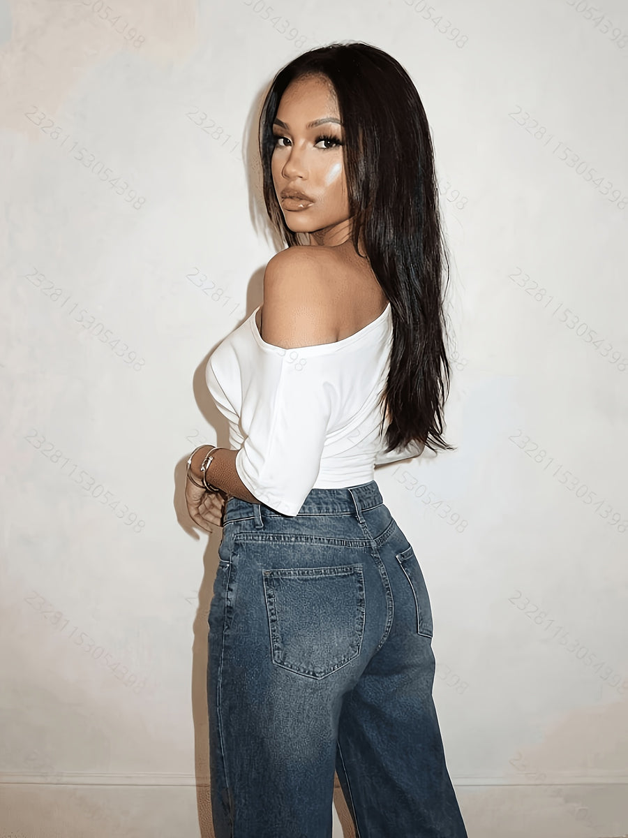 Women'S Summer Off-The-Shoulder Solid Color Short-Sleeved T-Shirt, Casual Basic Top - White