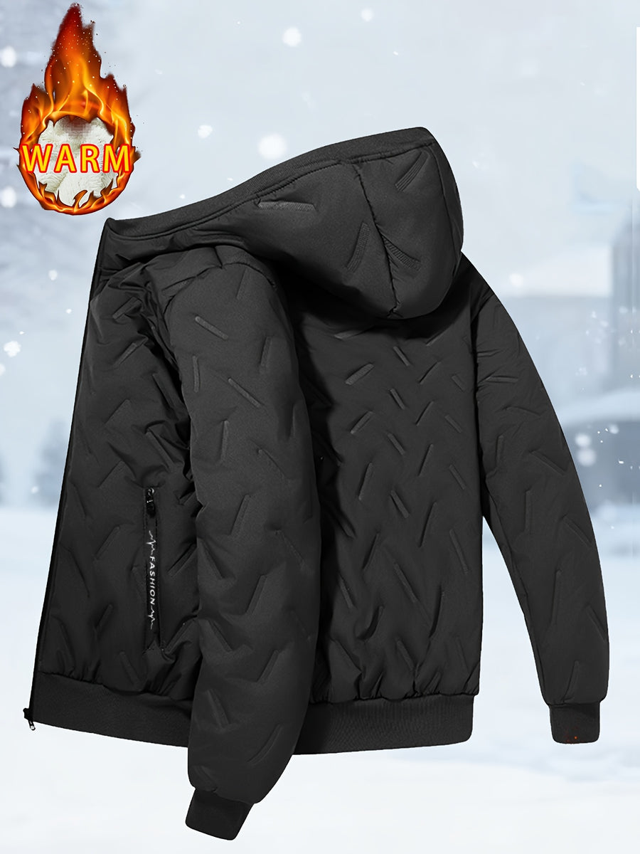 Pearson OBM Men's -Lined Hooded Jacket, Autumn/Winter Padded Coat, Fashionable and Warm Hooded Padded Coat, Warm Cardigan Jacket, Casual Sportswear Top, Trendy Men's Hooded Jacket - Black