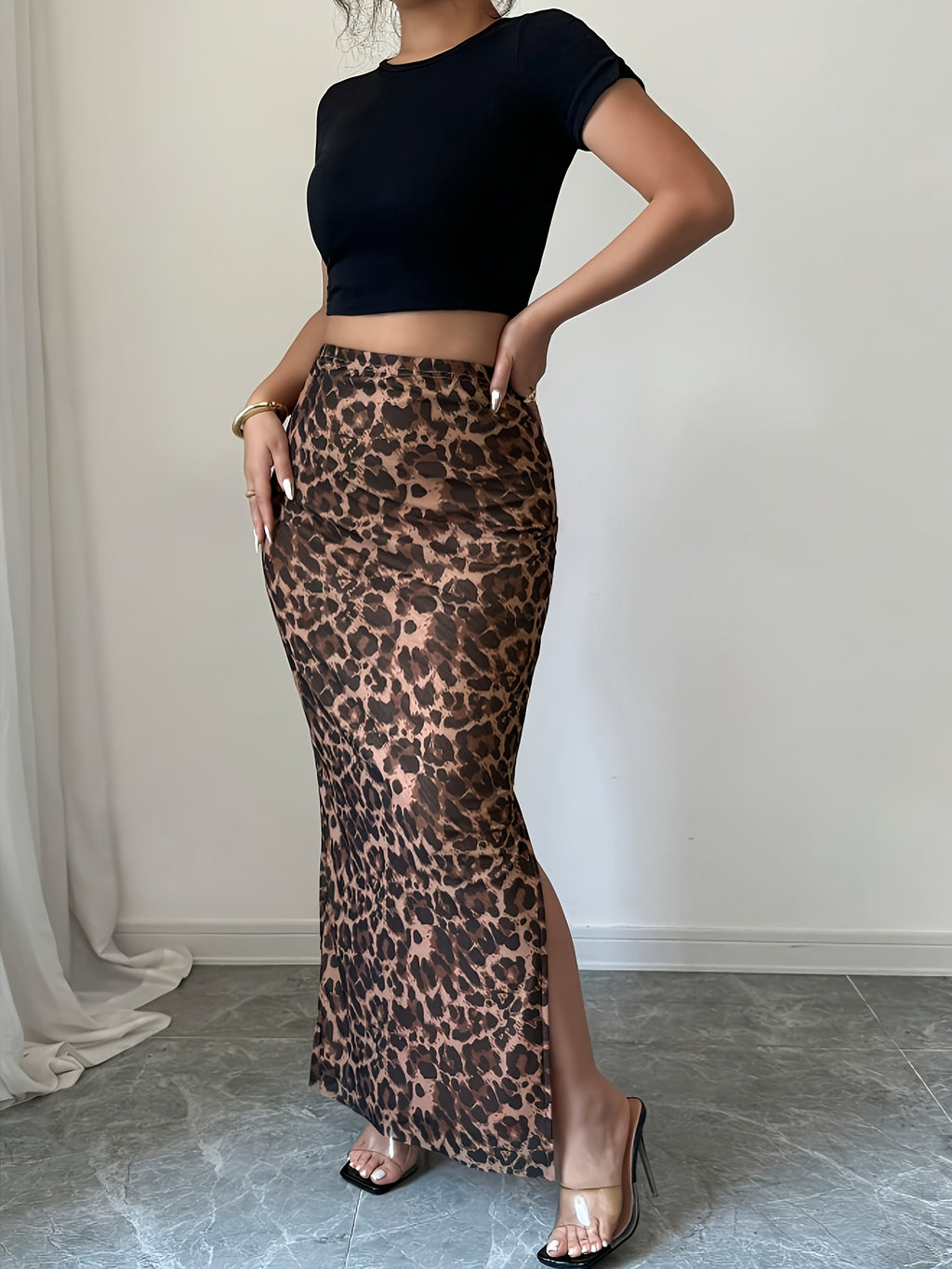 Targeted Women'S Leopard Print Mesh Fitted Mini Skirt - Coffee Brown