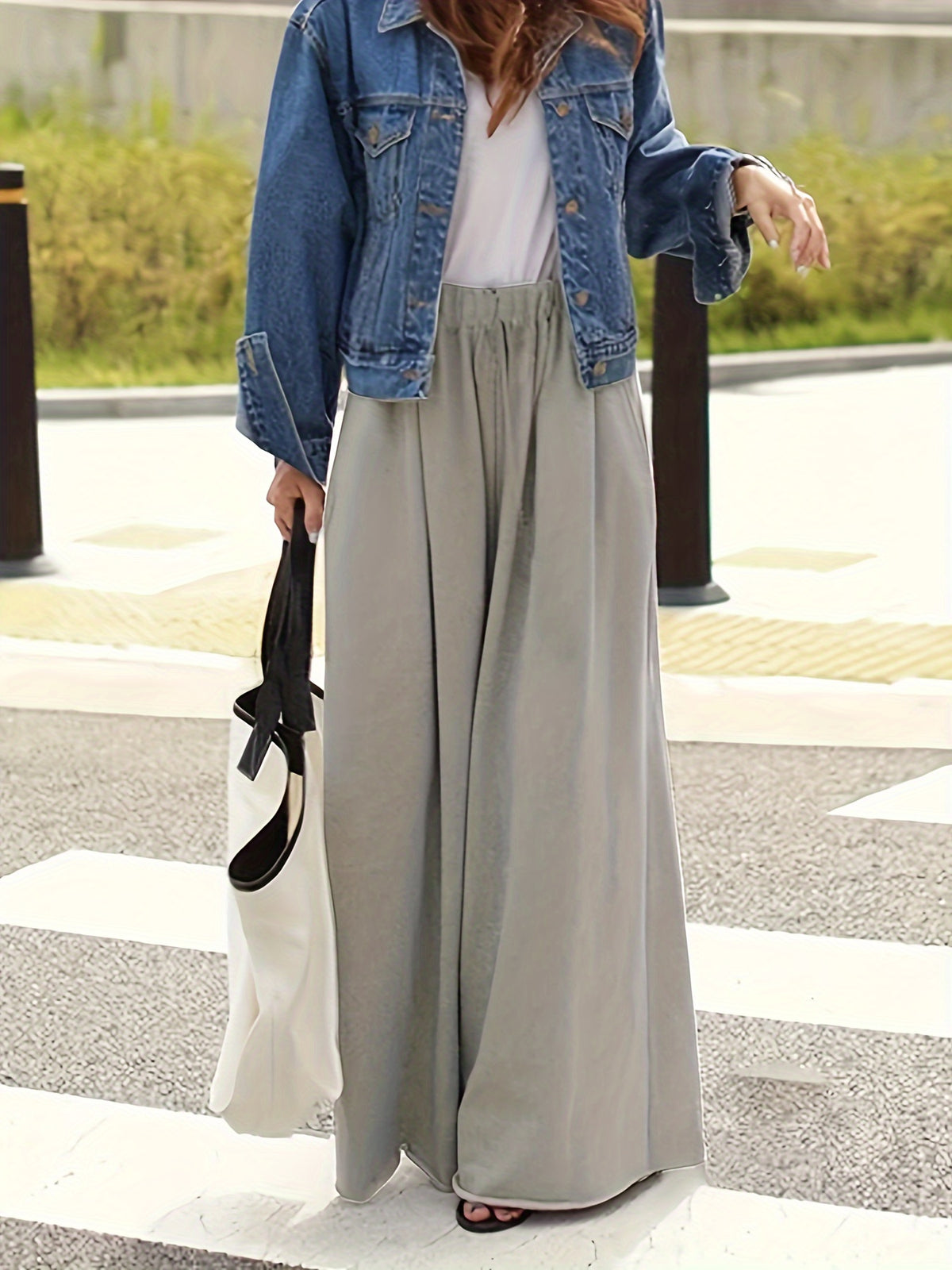 Women's Fashion Casual Wide-Leg Pants, Solid Color Polyester, Machine Washable - All Seasons - Grey
