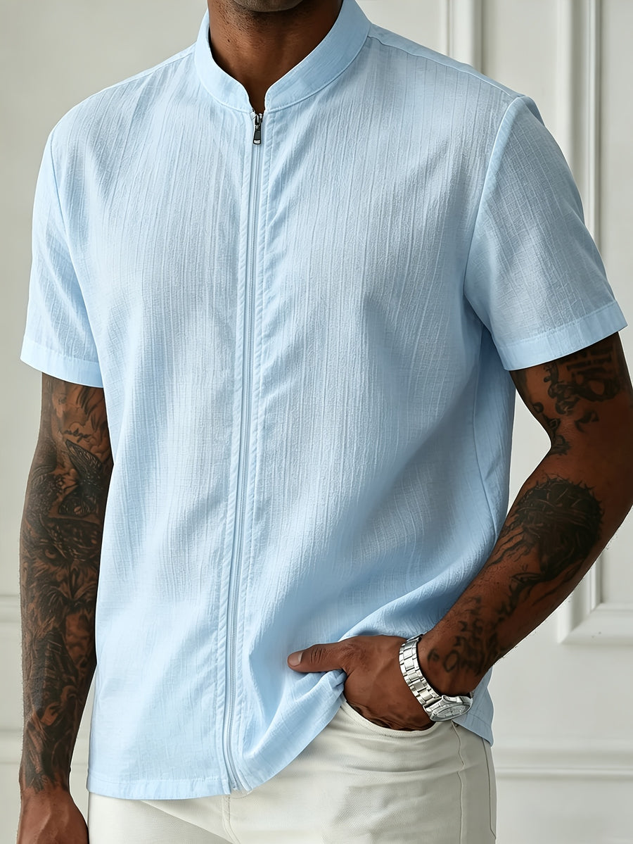 Men's Lightweight Breathable Zip-Up Stand Collar Shirt - Short-Sleeve Button-Up Beach Shirt with Zipper Front, Solid Color Suitable for Pool Parties, Casual Wear & Father's Day Gifts, Machine Washable Stand Collar Button Collar Blouse Style - Sky Blue