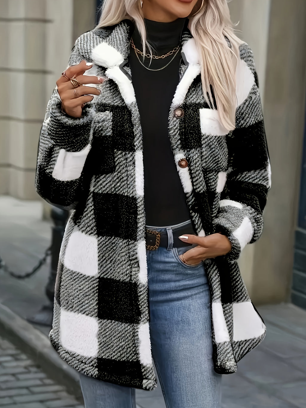New Cross-Border Fashionable Casual Plaid Plush Jacket for Women - Black And White Grid