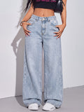 Women'S Light Blue High Waist Ripped Wide Leg Jeans Washed Straight Loose Casual Long Pants - Light Blue