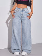 Women'S Light Blue High Waist Ripped Wide Leg Jeans Washed Straight Loose Casual Long Pants - Light Blue