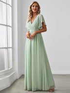 Women'S Elegant Sage Green Eternal Beauty Chiffon Bandeau Wedding Dress Gown, Slit And Ruched Butterfly Sleeves, Back Tie-Up - Light Green
