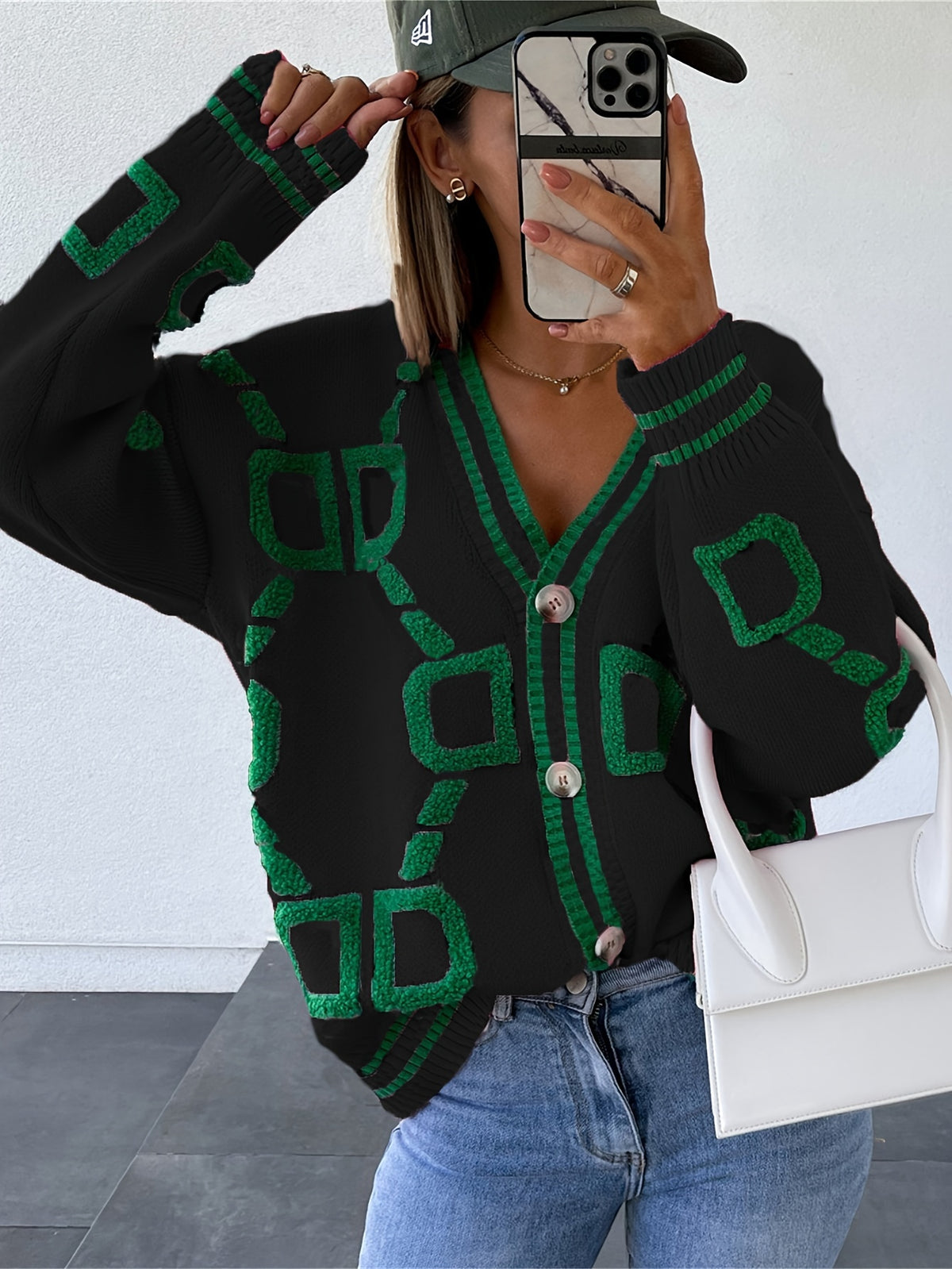 Western And American Autumn Winter New Plush Patchwork Contrast Color Sweater Cardigan Coat - Black