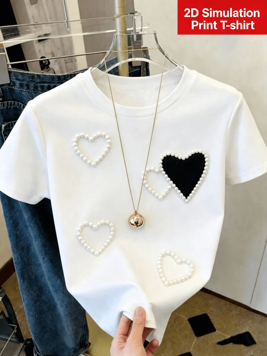 [Printed Design - Not Textured] Women'S White Trendy Coquette Heart Print T-Shirt, Elegant Graphic Design, Soft Casual Daily Top - White 4