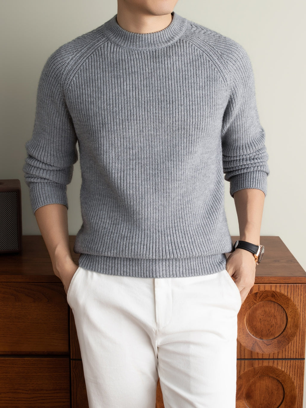 Winter New Round Neck Long Sleeve Thick Warm Men'S Sweater Off-Shoulder Style All-Match Casual Knit Top, Easy And Cool Base Layer Men'S Top, Comfortable And Breathable, Skin-Friendly Cold-Proof Pullover Clothing HF1193 - Grey