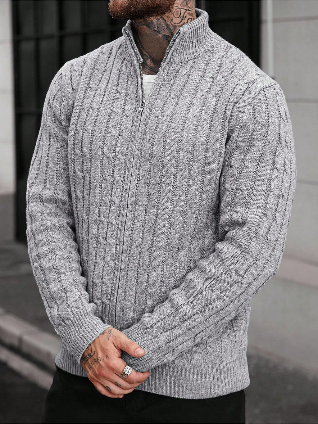 JANE DRESSINGLOG Men'S Knitting Cardigan American Retro Three-Dimensional Twisted Fried Dough Twists Pattern Fashion Trend Solid Half High Collar Full Zipper Long Sleeve Sweater Coat Autumn And Winter Commuting Outdoor Daily Wear - Space Gray