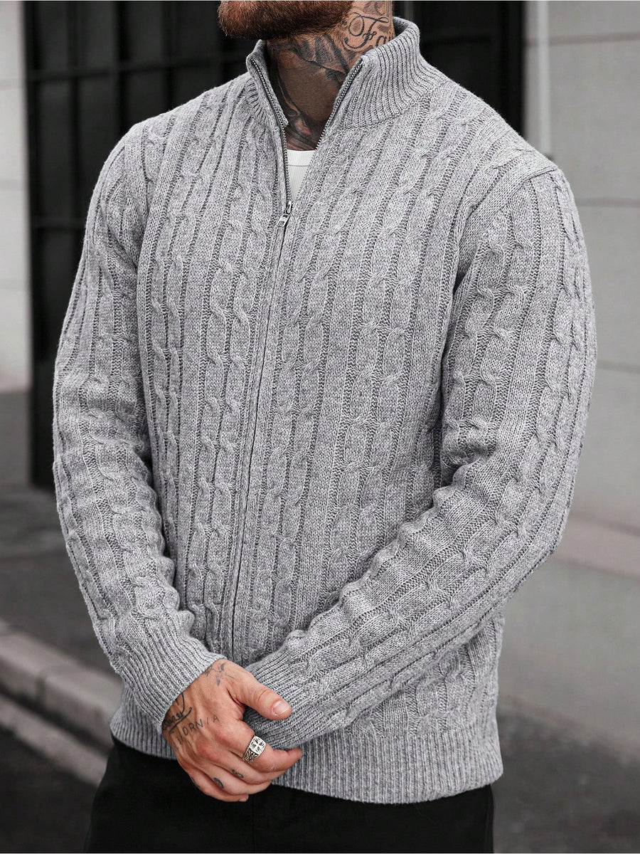 JANE DRESSINGLOG Men'S Knitting Cardigan American Retro Three-Dimensional Twisted Fried Dough Twists Pattern Fashion Trend Solid Half High Collar Full Zipper Long Sleeve Sweater Coat Autumn And Winter Commuting Outdoor Daily Wear - Space Gray