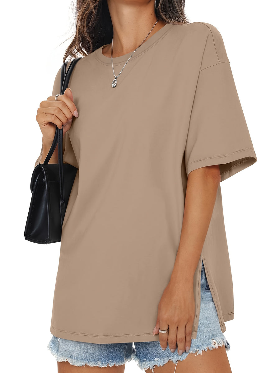 Oversized Women's Comfortable Basic Shirt with Round Neck, Casual Side Slit Top, Fashionable Loose Fit Short Sleeve T-Shirt - Khaki
