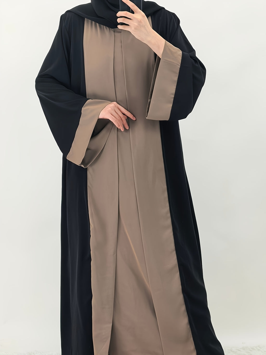 1pc Elegant Muslim Dress with Niche Minimalist Color-Block Design, Fluid and Solid-Paneled, Loose and Unrestrictive, Breathable and Non-Stuffy, Suitable for All Seasons - Khaki