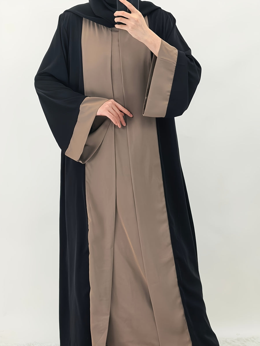 1pc Elegant Muslim Dress with Niche Minimalist Color-Block Design, Fluid and Solid-Paneled, Loose and Unrestrictive, Breathable and Non-Stuffy, Suitable for All Seasons - Khaki