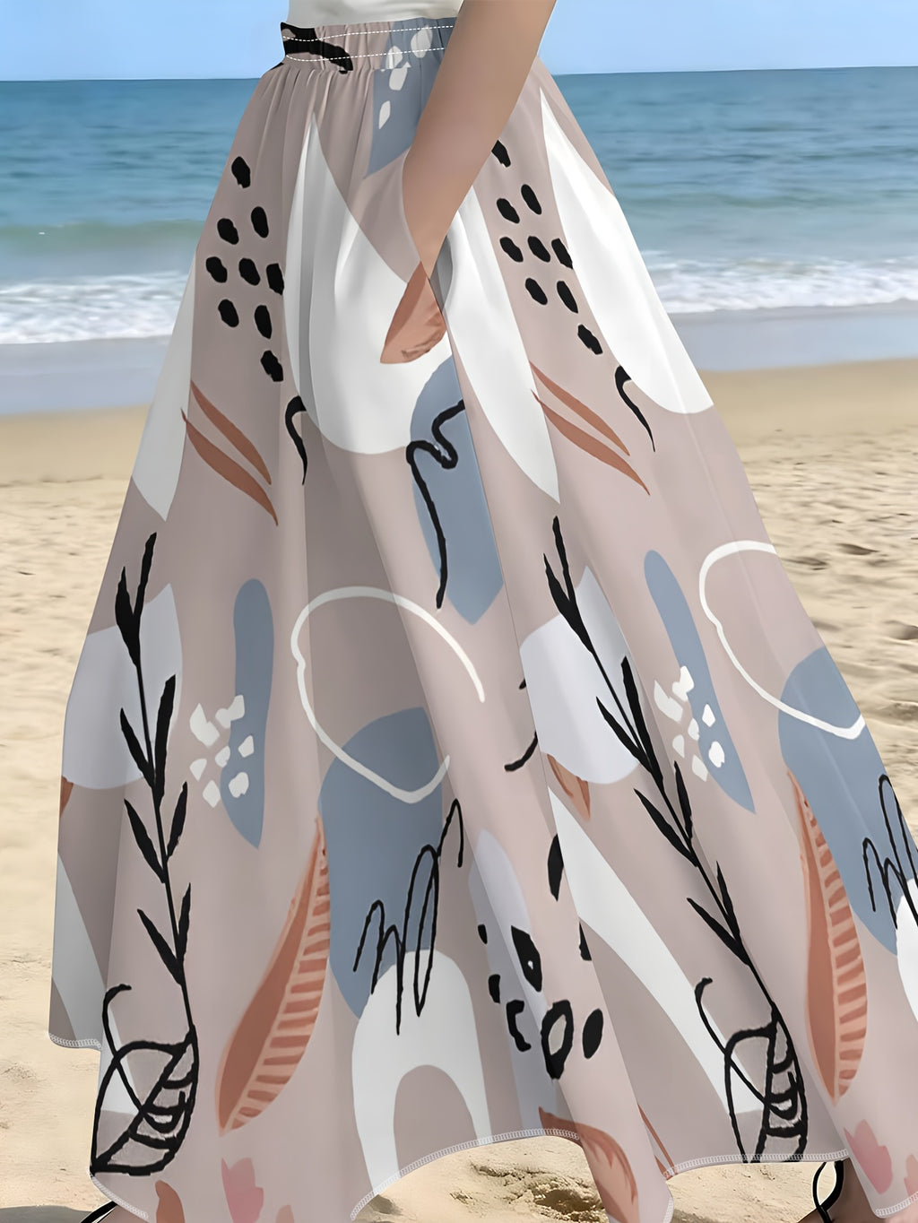 Women's Simple and Stylish Half-Skirt with Abstract Hand-Painted Botanical Pattern and Seamless Background Design, High-Waisted Figure-Flattering Versatile Flared Maxi Skirt - Mixed colors
