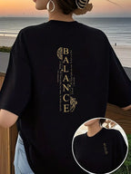 Women's Front And Back Printed T-Shirt, Featuring a Design That Symbolizes Inner Balance. This Stylish And Casual Short-Sleeve Top Is Suitable for And Casual Attire Throughout The Seasons, with a Fun Printed Design - Black