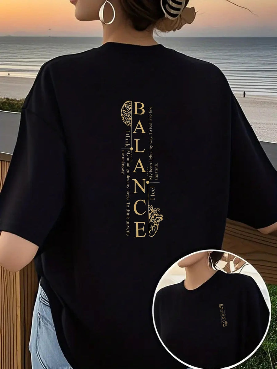 Women's Front And Back Printed T-Shirt, Featuring a Design That Symbolizes Inner Balance. This Stylish And Casual Short-Sleeve Top Is Suitable for And Casual Attire Throughout The Seasons, with a Fun Printed Design - Black