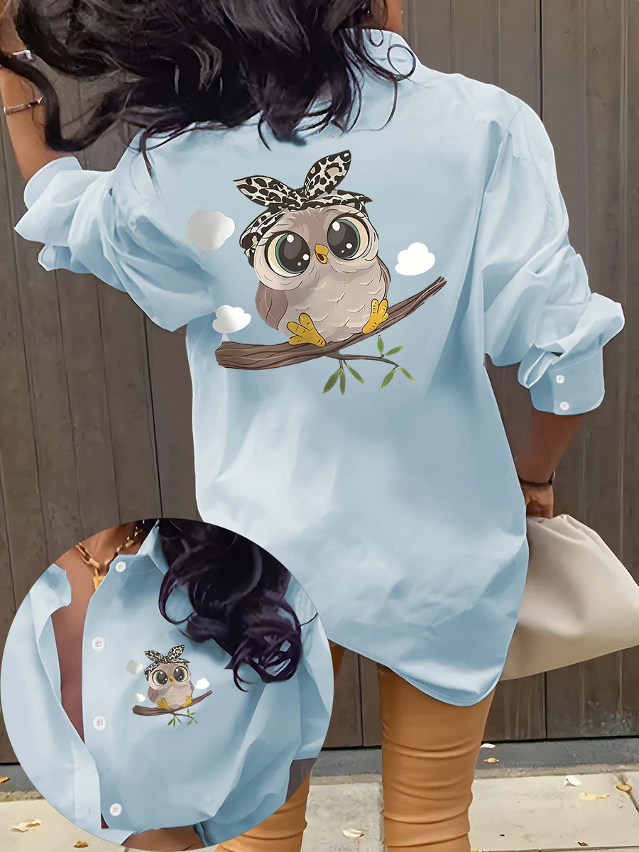 A Cute And Creative Animal Print Casual Long-Sleeve Shirt with a Collar, Designed for Women, Perfect for Elegant Parties. This Stylish Shirt Is Suitable for All Seasons—Spring, Summer, Autumn, And Winter. It'S a Beautiful Long-Sleeve Top - Sky Blue