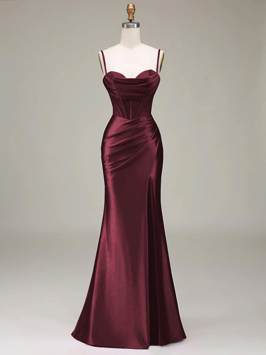 Women's Solid Color Satin Slip Dress with High Slit, Back Tie Waist, Cinched Fit, Pleated Details, and Hip-Hugging Design, Elegant for New Year's, Valentine's Day, Parties, Graduations, Weddings, and Bridesmaid Attire - Maroon