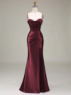 Women's Solid Color Satin Slip Dress with High Slit, Back Tie Waist, Cinched Fit, Pleated Details, and Hip-Hugging Design, Elegant for New Year's, Valentine's Day, Parties, Graduations, Weddings, and Bridesmaid Attire - Maroon