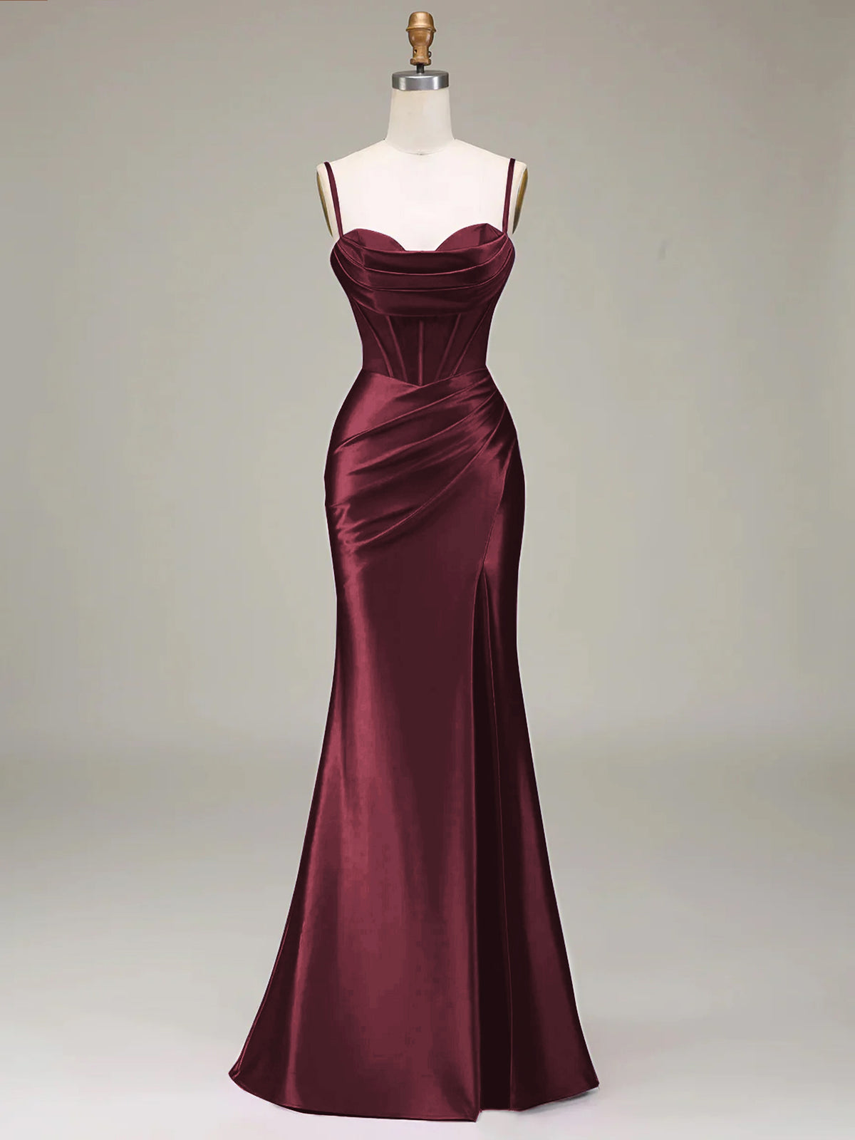 Women's Solid Color Satin Slip Dress with High Slit, Back Tie Waist, Cinched Fit, Pleated Details, and Hip-Hugging Design, Elegant for New Year's, Valentine's Day, Parties, Graduations, Weddings, and Bridesmaid Attire - Maroon
