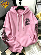 [Warner Bros] Licensed Men'S New Trendy Hoodie Sitting Drinking Milk Tea Rabbit Pattern Print Casual Hoodie, Daily Drawstring Loose Pullover Top, Machine Washable All-Match Sports Casual Men'S Top - Pink Color